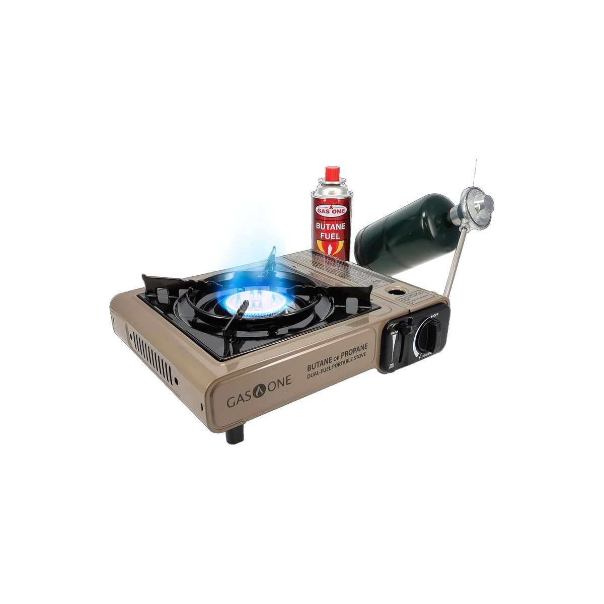 Gas One GS-3400P Propane or Butane Stove Dual Fuel Portable Camping Stove, Single Burner, 8,000 BTU, with Carrying Case (ASIN B01HQRD8EO)