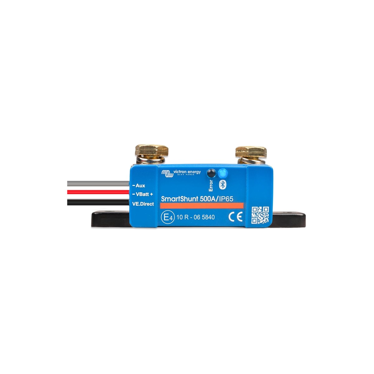 Victron SmartShunt IP65 500A Battery Monitor (IP65-rated enclosure suitable for wet bilge installs, 500A / 50mV shunt, 6.5 to 70 VDC range, 99.6 percent coulomb-counting accuracy, VE.Direct port for Cerbo GX integration, phone-only readout via VictronConnect Bluetooth, no display head, 300A / 1000A / 2000A variants also available, 5-year warranty, ASIN B0BF636VBX)