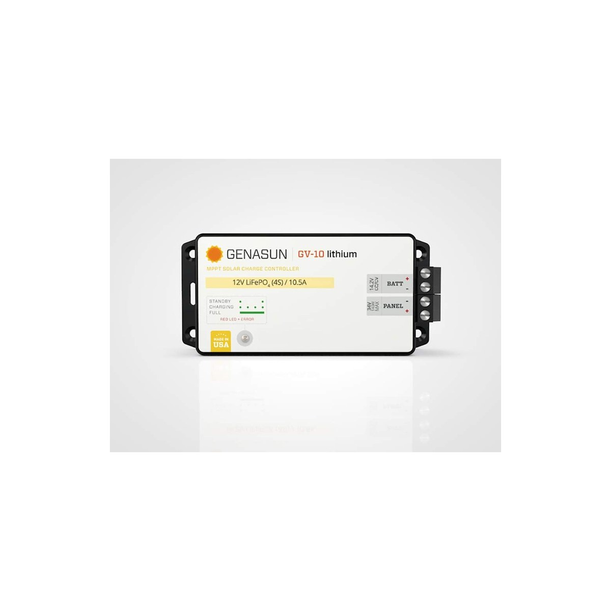 Genasun GV-10-Li-14.2V (10.5A charge current, 140W max array at 12V, fixed 14.2V LiFePO4 charge voltage, 98.3 percent peak efficiency, no fans or relays, Made in USA, 5-year warranty, ASIN B074P39MQM)