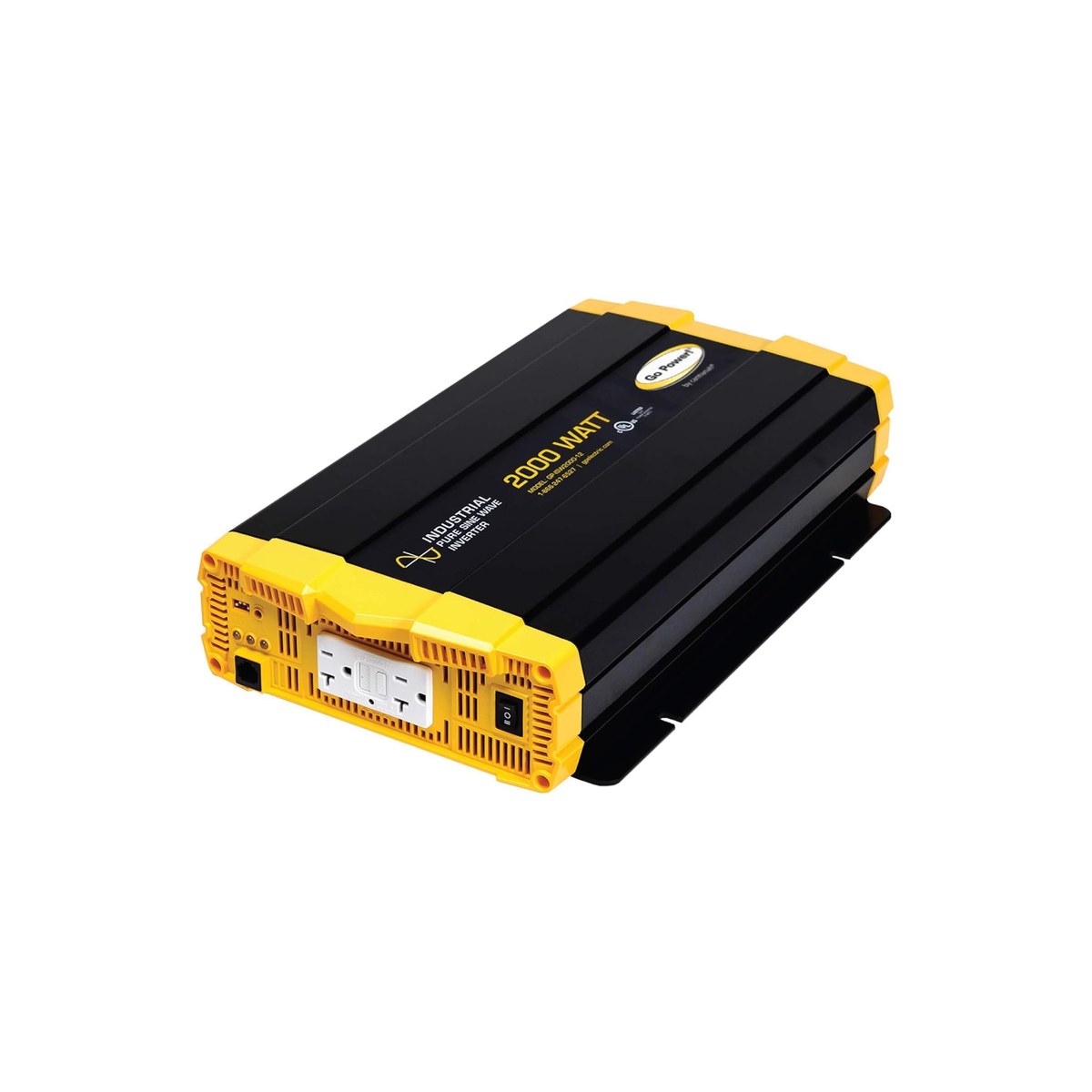 Go Power! GP-ISW2000-12 Industrial Pure Sine Wave Inverter (2000W continuous at 25°C, 3500W peak surge, dual GFCI outlets, PowerSave mode dropping idle draw below 0.1A, 92 percent peak efficiency, UL 458 certified, 2-year warranty, ASIN B01LX7FLD6)