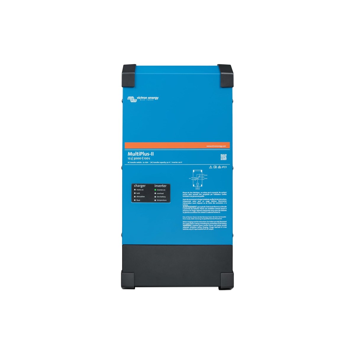 Victron MultiPlus-II 12/3000/120-50 (2400W continuous at 25°C, 5500W peak surge per Victron datasheet, 120A 4-stage smart charger with LiFePO4 preset, 50A AC transfer switch, steel case, PowerAssist parallel shore + inverter operation, Cerbo GX integration, 5-year warranty, ASIN B0945M9NG4)