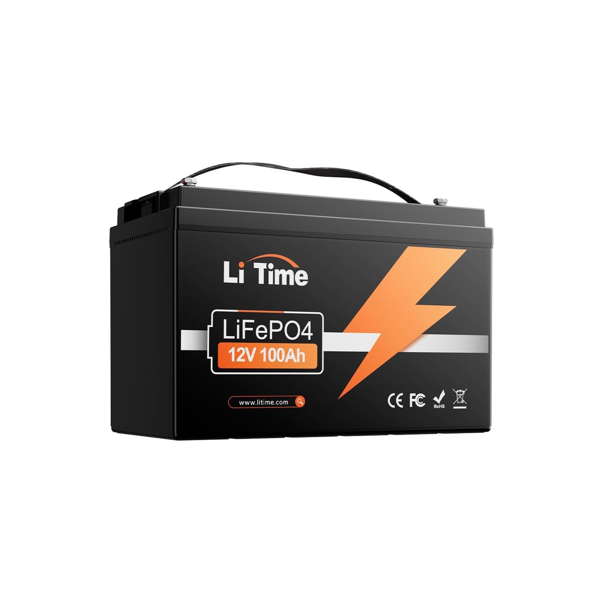 LiTime 12V 100Ah Group 31 RV LiFePO4 Battery (built-in 100A BMS, up to 15000 deep cycles, 1.28kWh, drop-in lead-acid replacement, ASIN B084DB36KW)