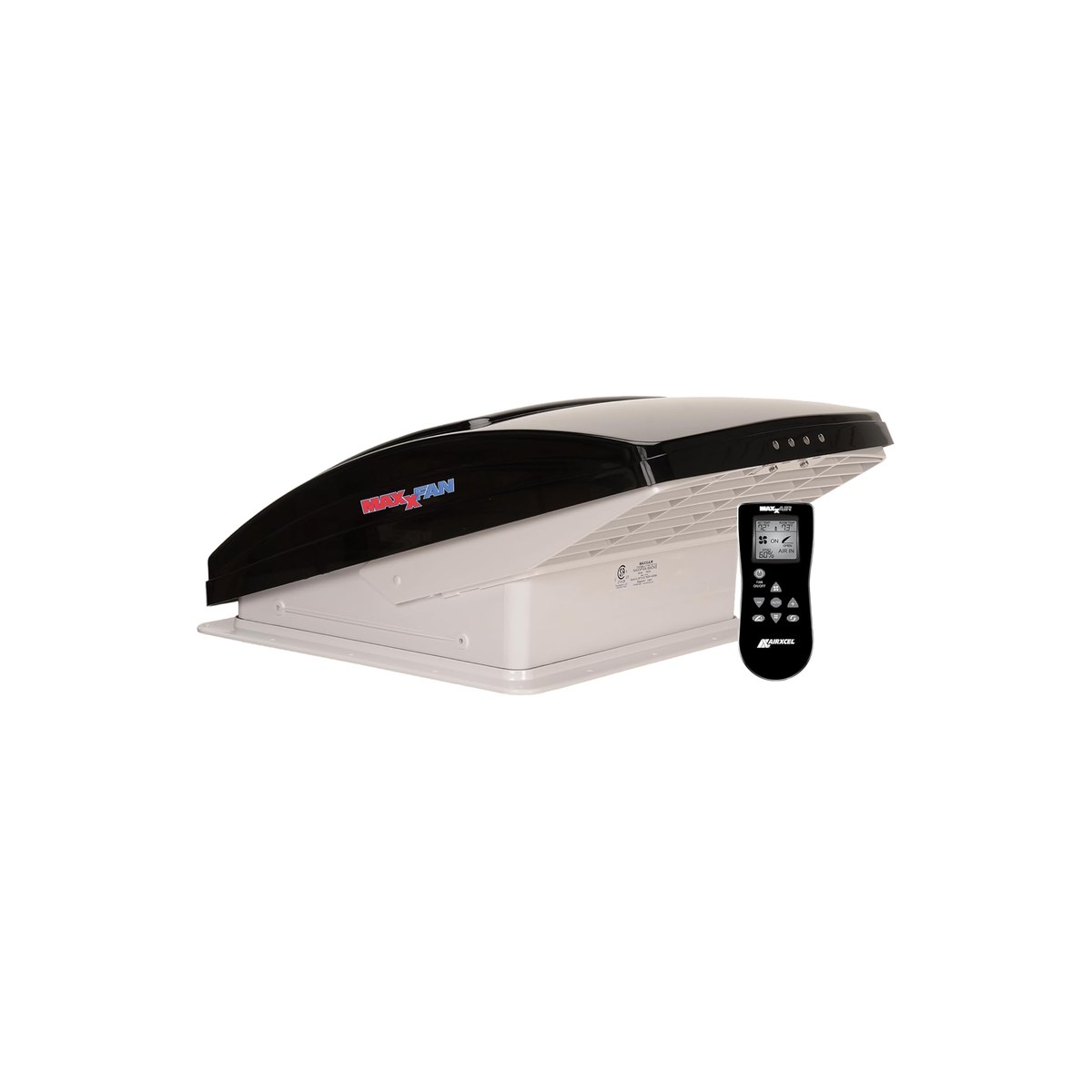 Maxxair MaxxFan Deluxe 7500K Vent, Fan and Vent Cover All in One (10-speed reversible, thermostat, built-in rain cover, remote control, electric lift, smoke, ASIN B002OW5JG2)