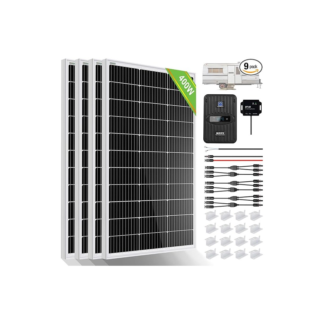 ECO-WORTHY 400W Premium RV Solar Panel Kit (4x 100W monocrystalline, 40A MPPT charge controller, Bluetooth module, brackets and cabling, ASIN B0BPY72B9R)