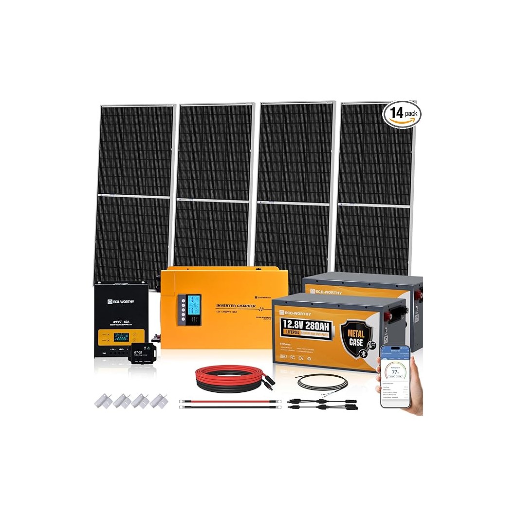 ECO-WORTHY 800W Complete RV Solar Power System (4x 200W bifacial panels, 60A MPPT controller, 7.168 kWh LiFePO4 battery bank, 3,000W inverter/charger, Bluetooth, ASIN B0FH4TMXSY)