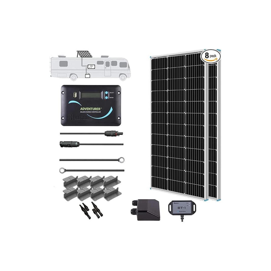 Renogy 200W RV Solar Panel Kit (2x 100W monocrystalline, 30A Adventurer PWM charge controller, brackets, fuses, cabling, ASIN B015DEY2TM)