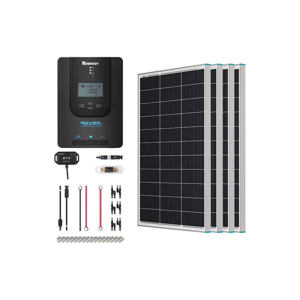 Renogy 400W Premium RV Solar Panel Kit (4x 100W monocrystalline, true 40A Rover MPPT charge controller, Bluetooth module, mounting brackets, inline fuses, MC4 cabling, ASIN B0FG2VF2V2)