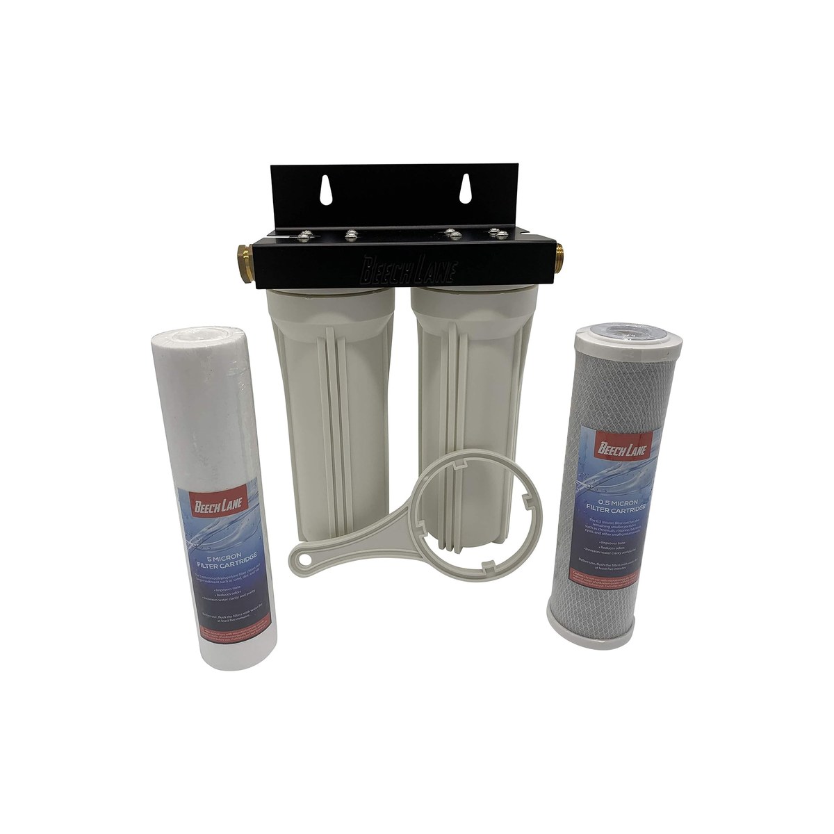 Beech Lane External RV Dual Water Filter System, Two Standard 10 Inch Housings, 5 Micron Sediment and 0.5 Micron Carbon Block Cartridges, Brass Fittings (ASIN B07GBZ83HH)