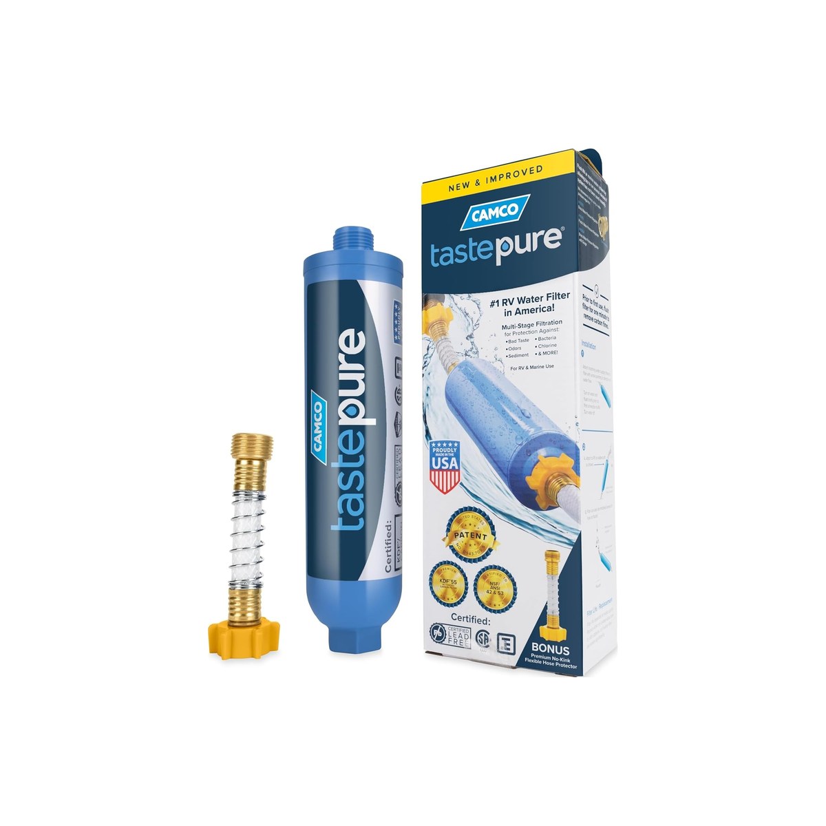 Camco TastePURE RV Water Filter 40043, Inline GAC and KDF Filtration, 20 Micron, Flexible Hose Protector Included, Made in USA (ASIN B0006IX87S)
