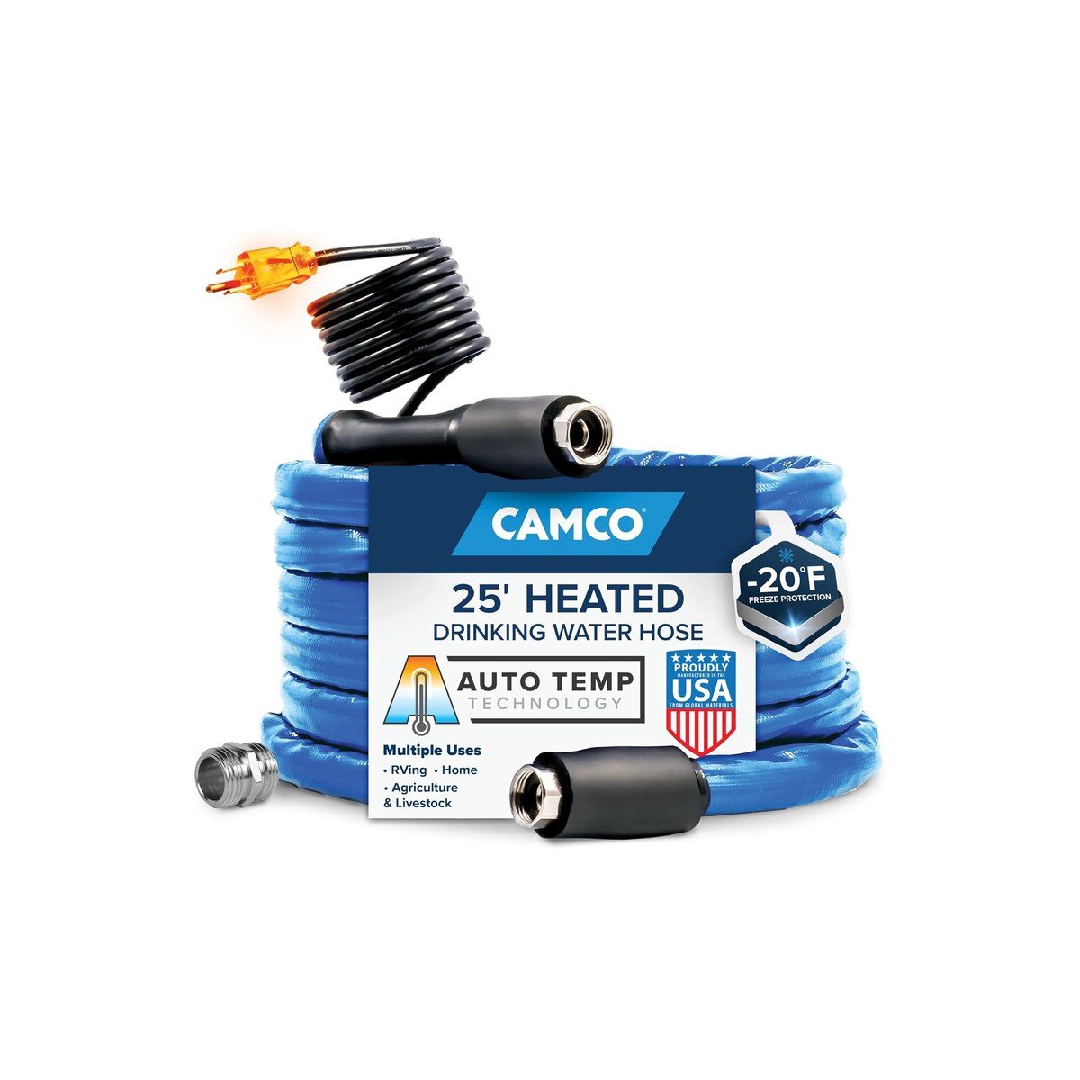 Camco 25-Ft Heated Drinking Water Hose for RV, Freeze Protection Down to -20F, Self-Regulating Energy-Saving Thermostat, Dual-End Adapter, 120 VAC (ASIN B01ABONB0A)
