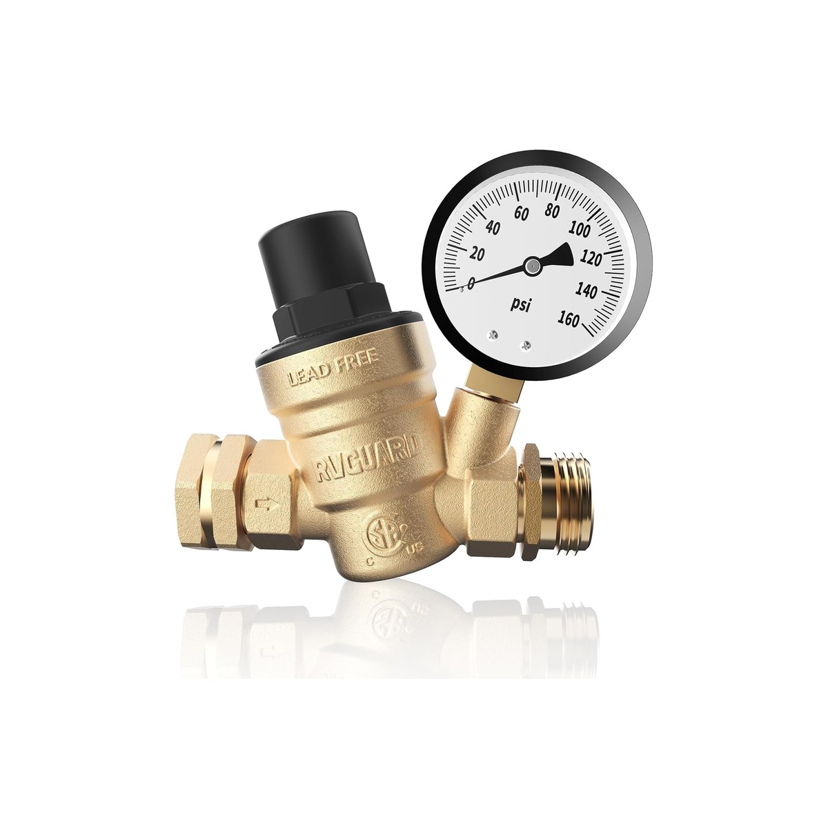 RVGUARD RV Water Pressure Regulator Valve with Gauge and Inlet Screen Filter, Lead-Free Brass, Factory-Set 45 PSI, CSA Approved per Listing (ASIN B083HSQMHX)